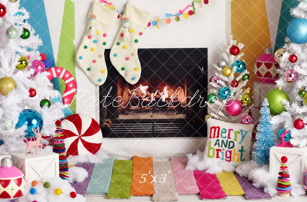 Kate Christmas White Trees Colorful Fireplace Ornaments Backdrop Designed by Mandy Ringe Photography