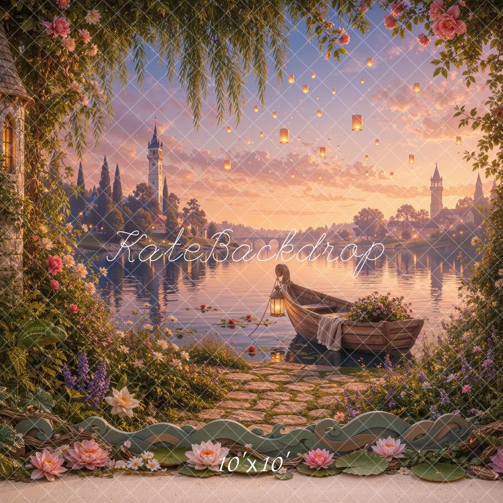 Kate Fairy Fantasy Castle Lake Boat Garden Flowers Sunset Printed Backdrop Designed by Ashley Ward