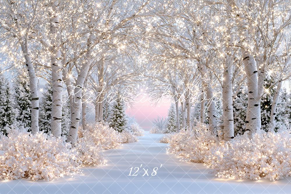 Kate Winter Wonderland Snowy Birch Forest Lights Path Printed Backdrop Designed by Angela Miller