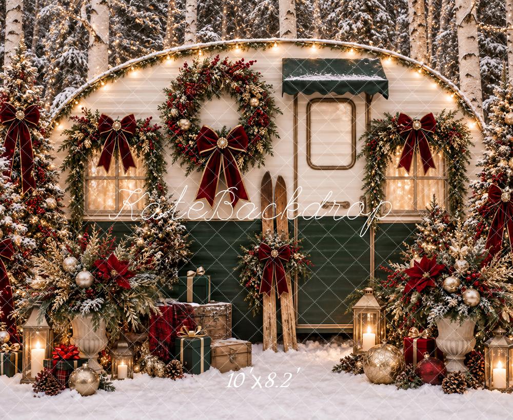 Kate Christmas Camper Snowy Forest Wreaths Red Bows Printed Backdrop Designed by Ashley Paul