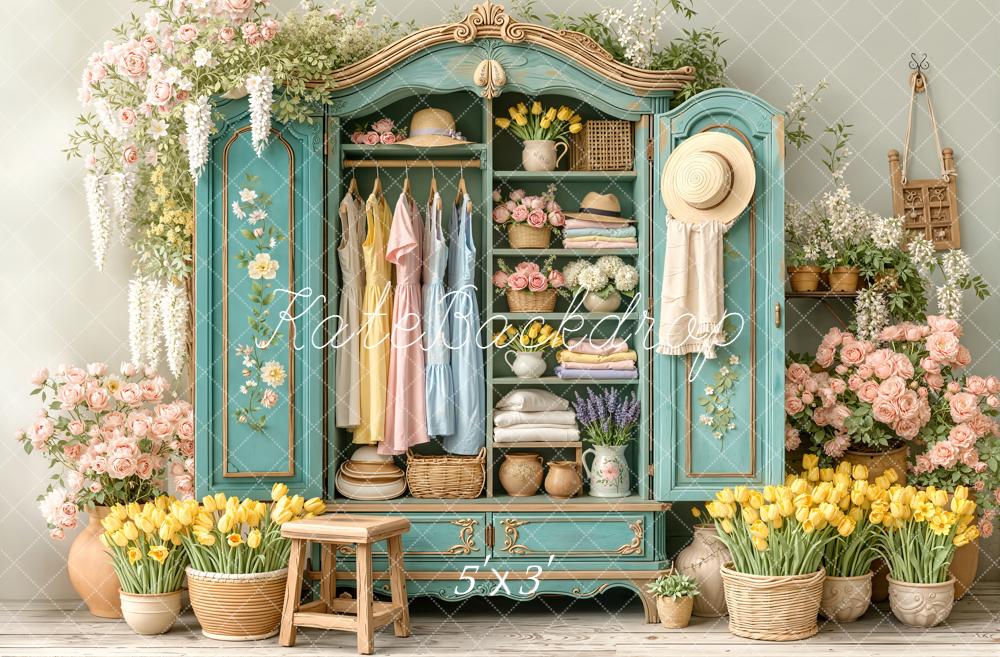 Kate Spring Cabinet Flowers Dresses Teal Printed Backdrop Designed by Emetselch