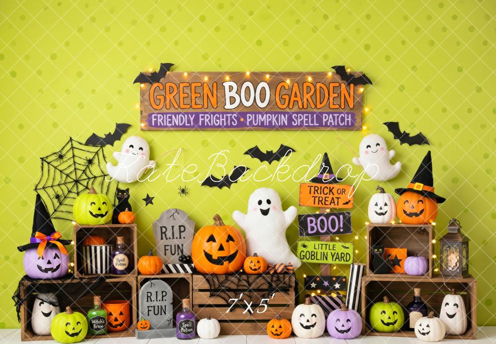 Kate Halloween Trick Or Treat Green Ghost Pumpkin Display Printed Backdrop Designed by Patty Roberts