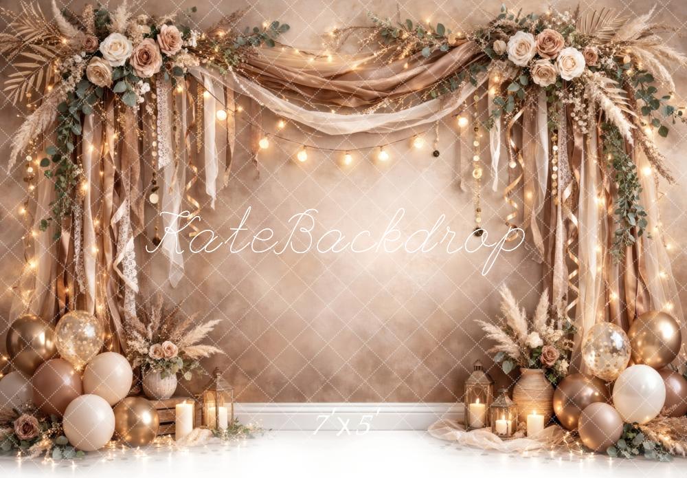 Kate Boho Draped Flower Arch Balloons Champagne Printed Backdrop Designed by Vertigo Productions