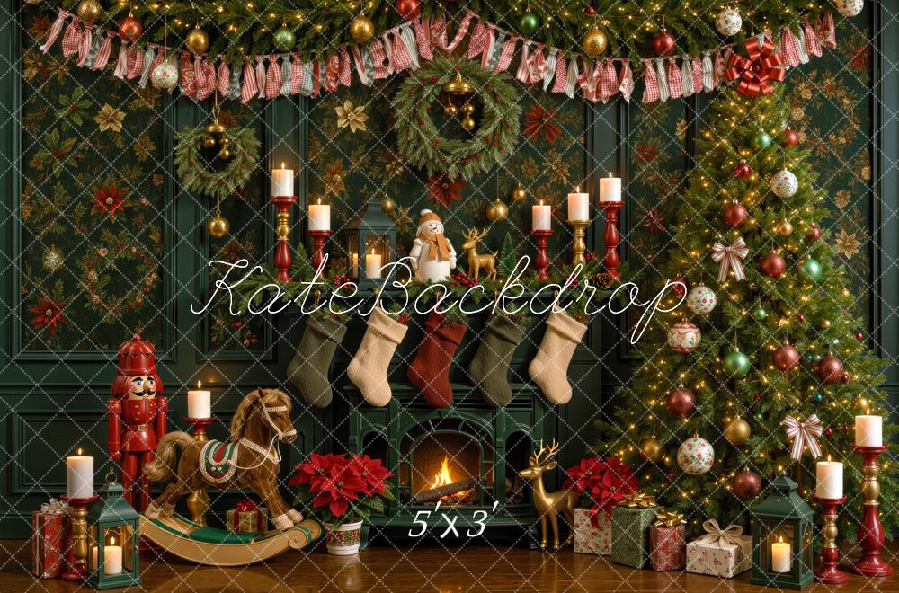 Kate Christmas Tree Green Fireplace Rocking Horse Printed Backdrop Designed by Mini MakeBelieve