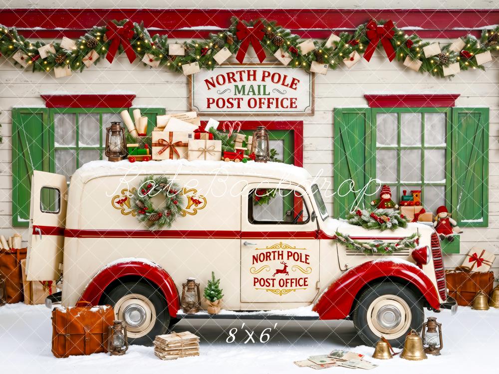 Kate Christmas North Pole Post Office White Truck Gifts Green Red Printed Backdrop Designed by Patty Roberts