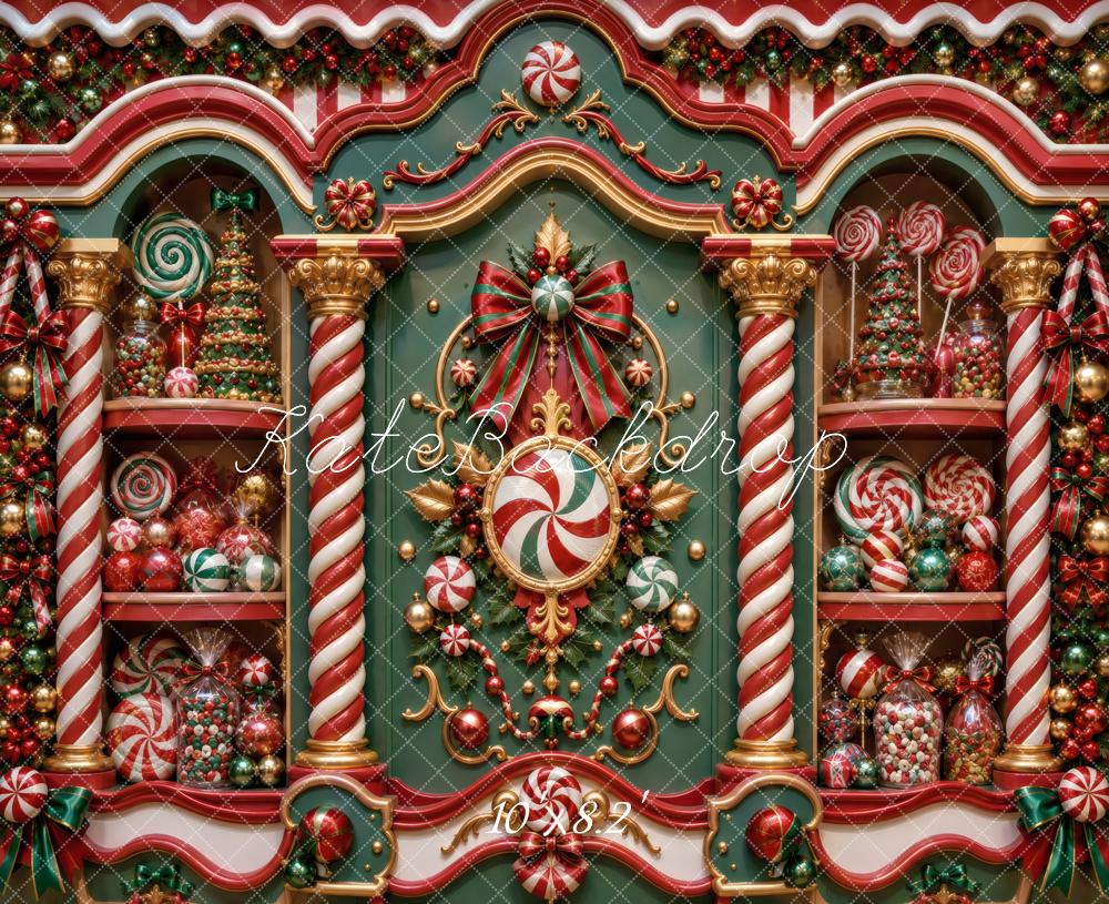 Kate Christmas Candy Peppermint Shop Green Red Printed Backdrop Designed by Vertigo Productions