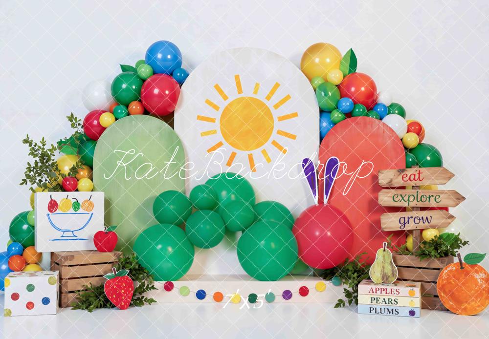 TEST Kate Cake Smash Colorful Catepillar Balloon Sun Fruit Crates Printed Backdrop Printed Backdrop Designed by Mini MakeBelieve