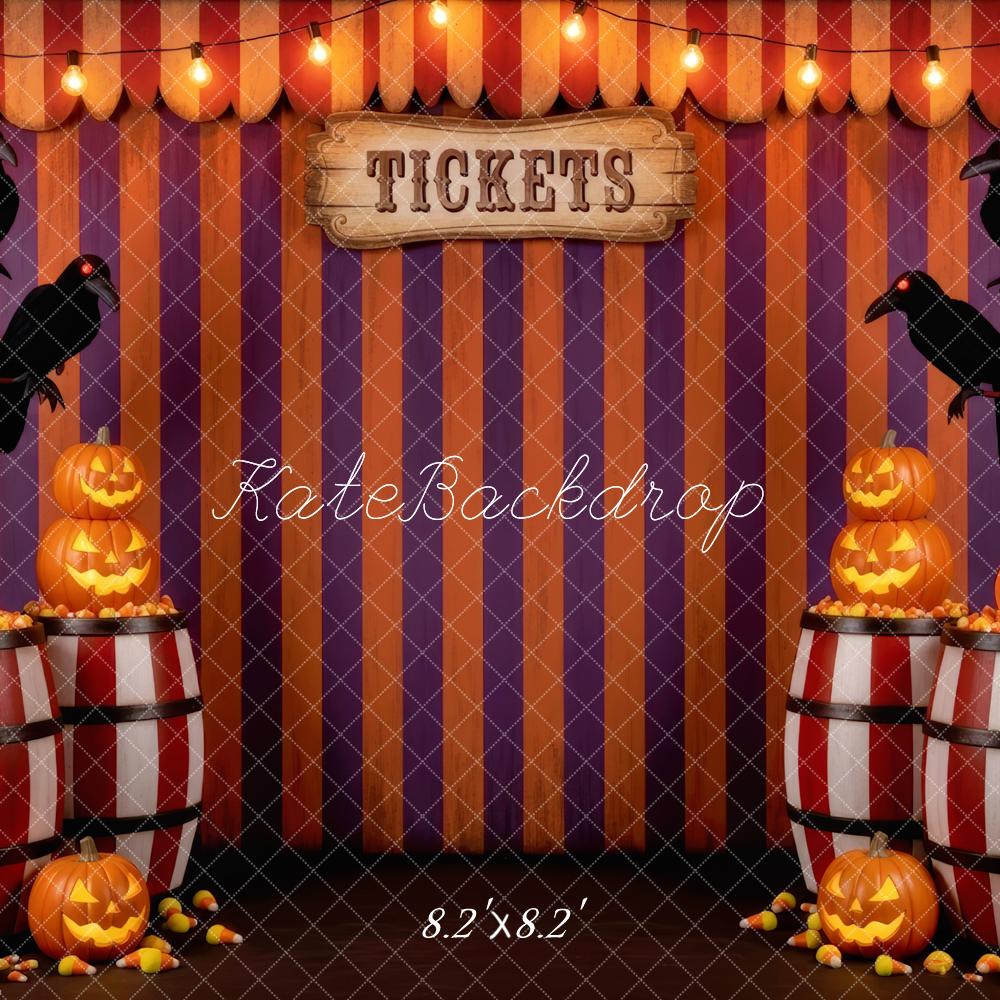 Kate Halloween Circus Pumpkins Barrels Striped Curtain Backdrop Designed by Patty Roberts