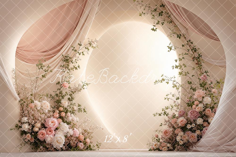 Kate Wedding Pink Flower Arch Draped Curtains Printed Backdrop Designed by Shutter Swan Studios