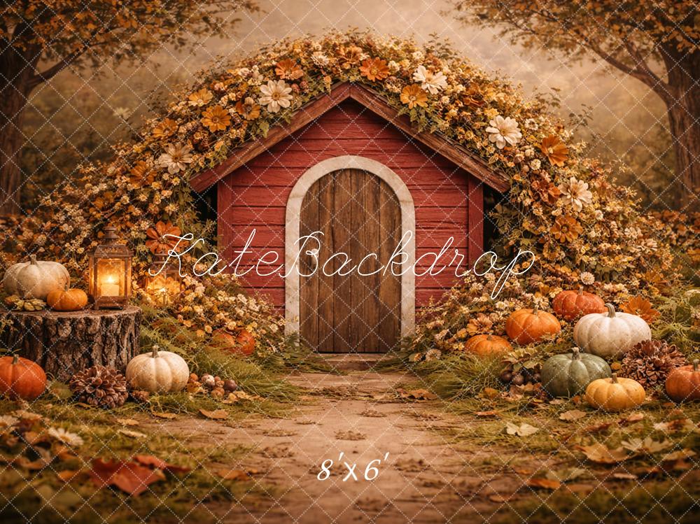 Kate Fall Red Cabin Pumpkin Flower Arch Forest Printed Backdrop Designed by Caitlin Lynch
