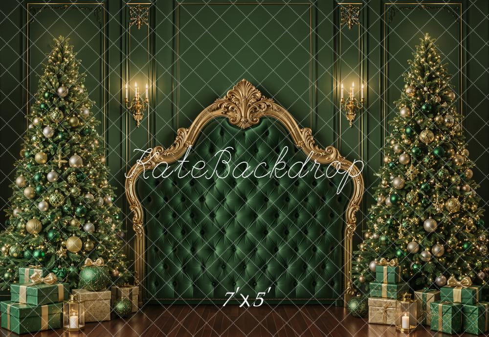 Kate Christmas Green Royal Upholstered Headboard Christmas Tree Printed Backdrop Designed by Emetselch