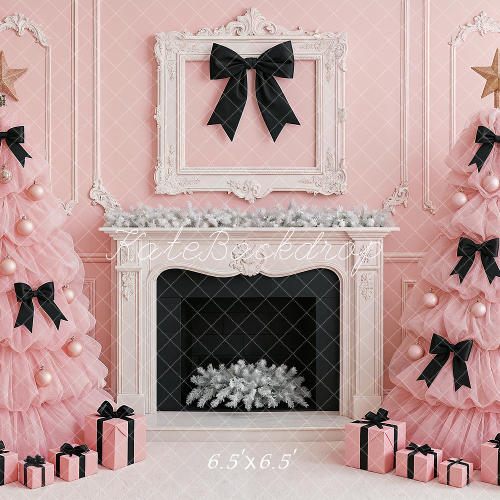 Kate Christmas Trees Tulle Pink Black Bows Fireplace Gifts Backdrop Designed by Ashley Paul
