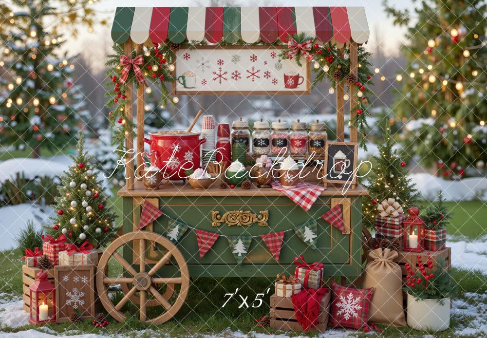 Kate Christmas Hot Cocoa Stand Gifts Trees Snow Outdoor Printed Backdrop Designed by Mini MakeBelieve