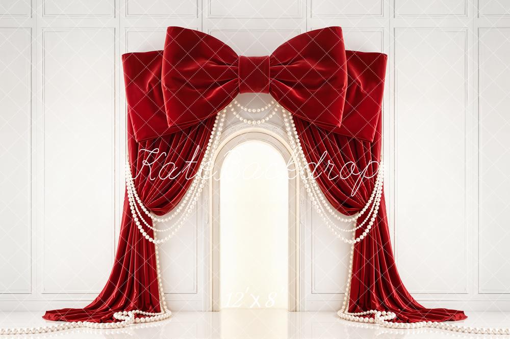 Kate Red Bow Drapes Pearls Arch Wall Backdrop Designed by Emetselch