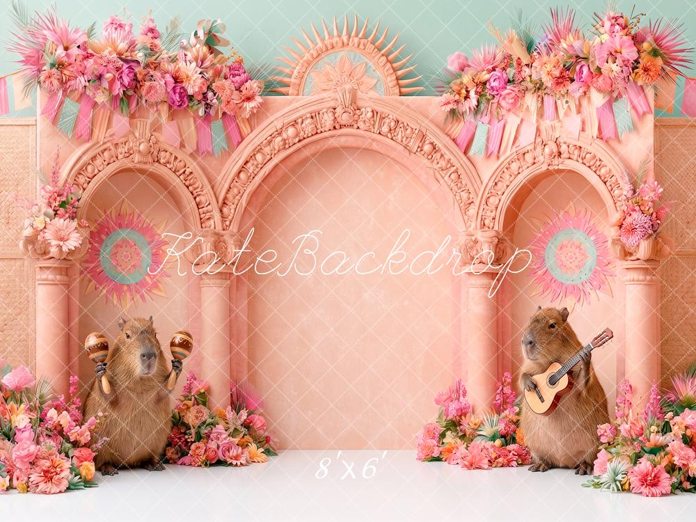Kate Cake Smash Pink Arch Capybara Musicians Flower Printed Backdrop Designed by Angela Miller