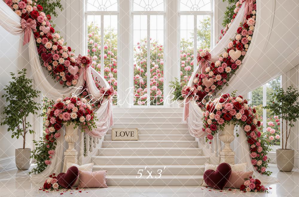 Kate Valentine's Day Cascading Stairs Roses Drapes Arched Windows Printed Backdrop Designed by Emetselch