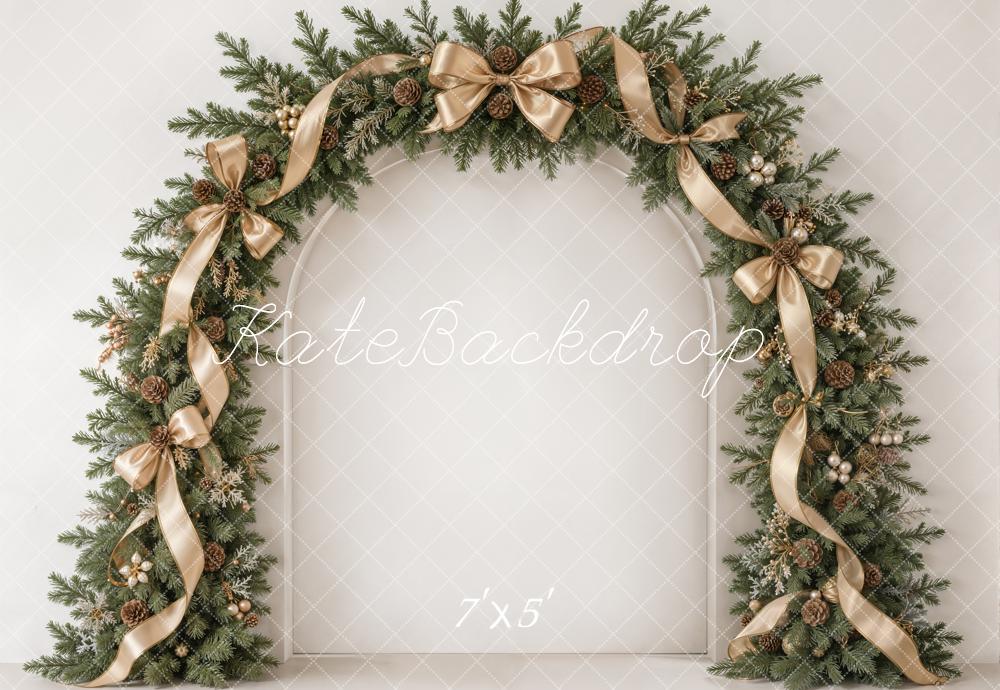 Kate Christmas Evergreen Garland Arch Champagne Ribbon Bows Printed Backdrop Designed by Emetselch