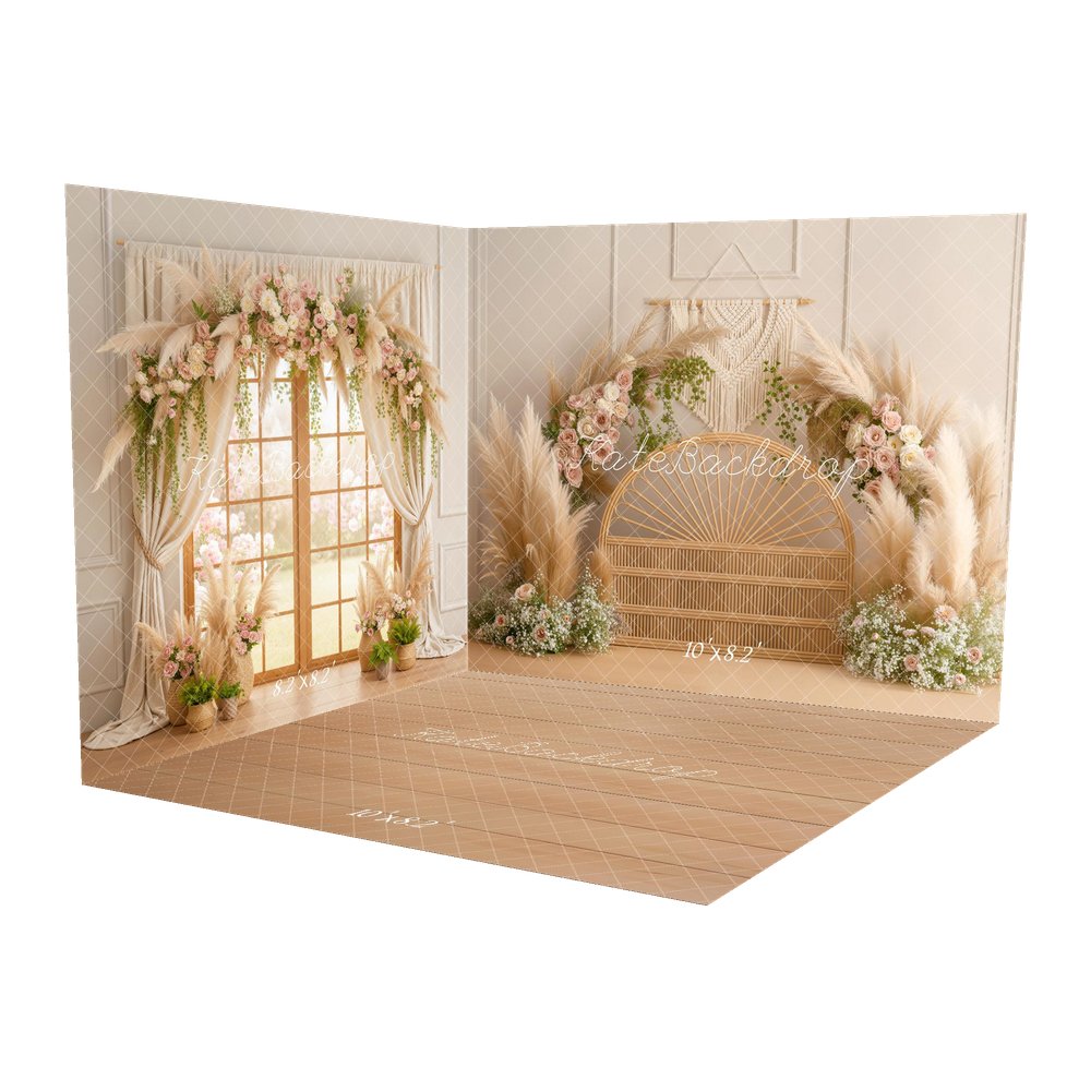 Kate Boho Flower Arch Rattan Pampas Grass Macrame Beige Printed Backdrop Room Set