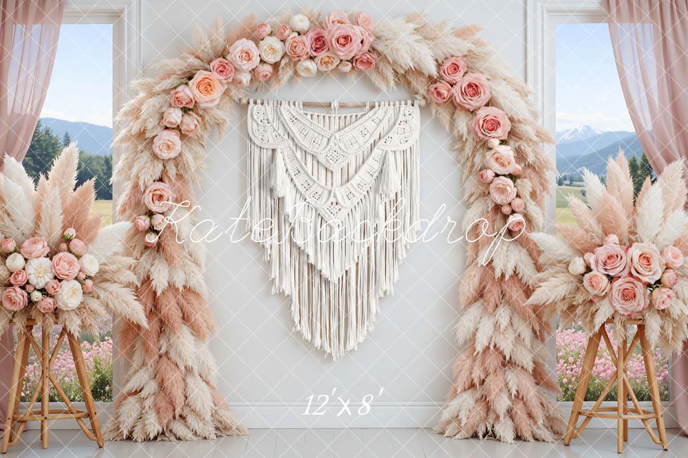 Kate Mother's Day Flower Arch Pink Pampas Macrame Printed Backdrop Designed by Mini MakeBelieve