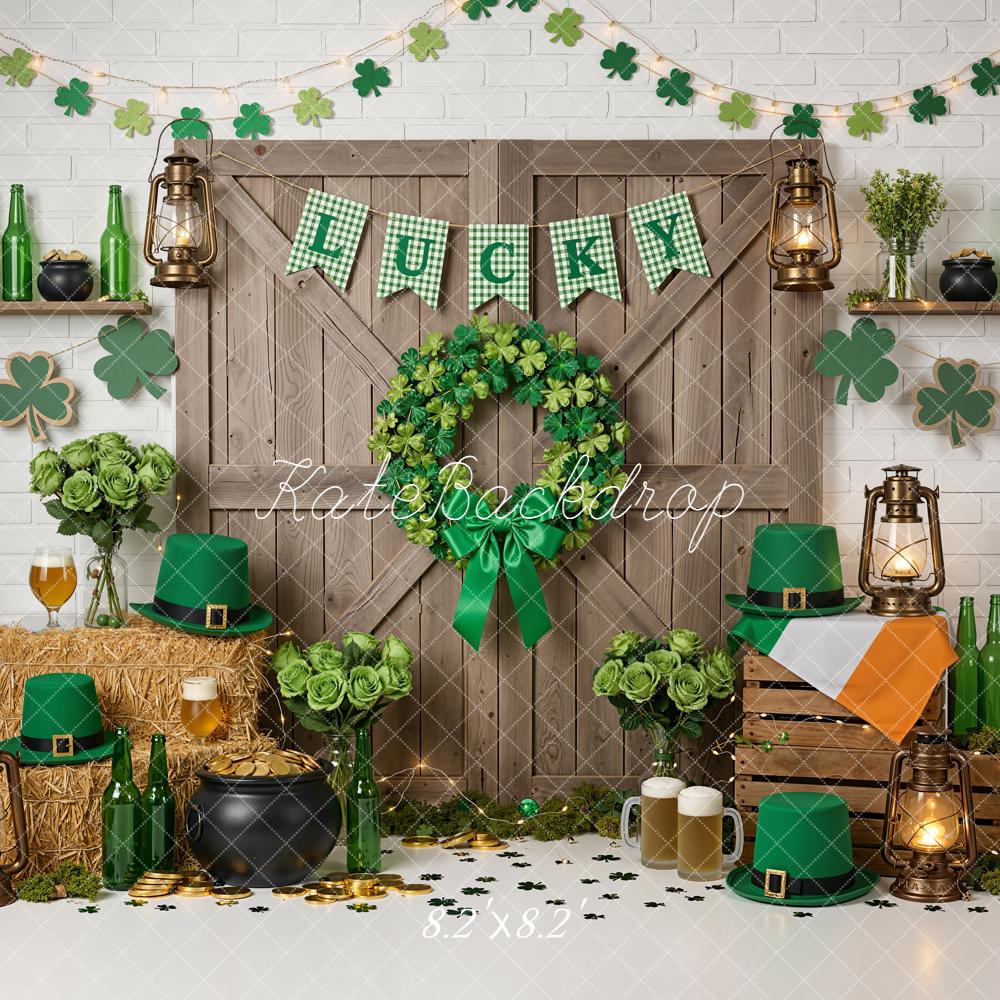Kate St. Patrick's Day Shamrock Wreath Door Lanterns Green Hats Printed Backdrop Designed by Emetselch
