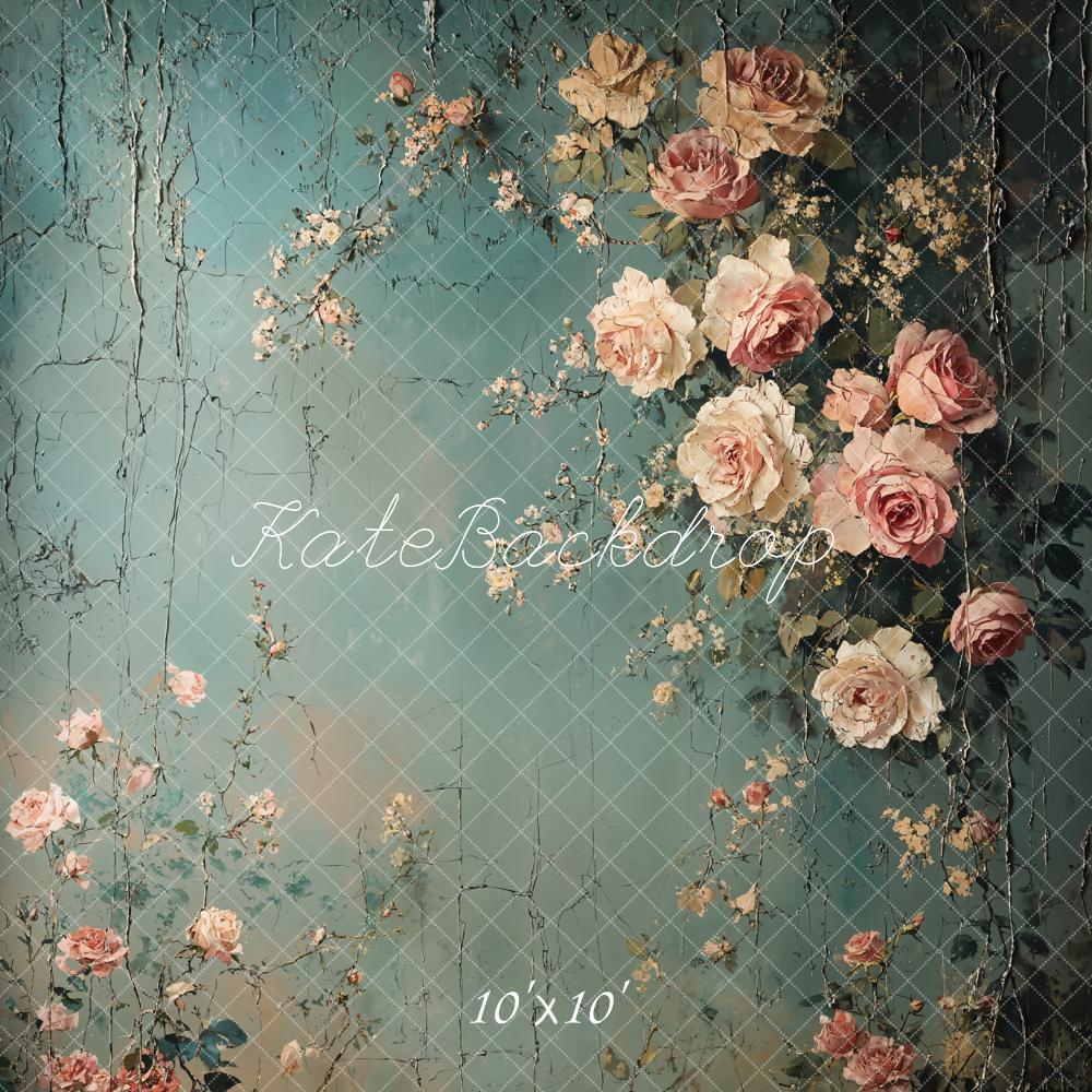 Kate Fine Art Vintage Floral Blue Printed Backdrop Designed by Emetselch