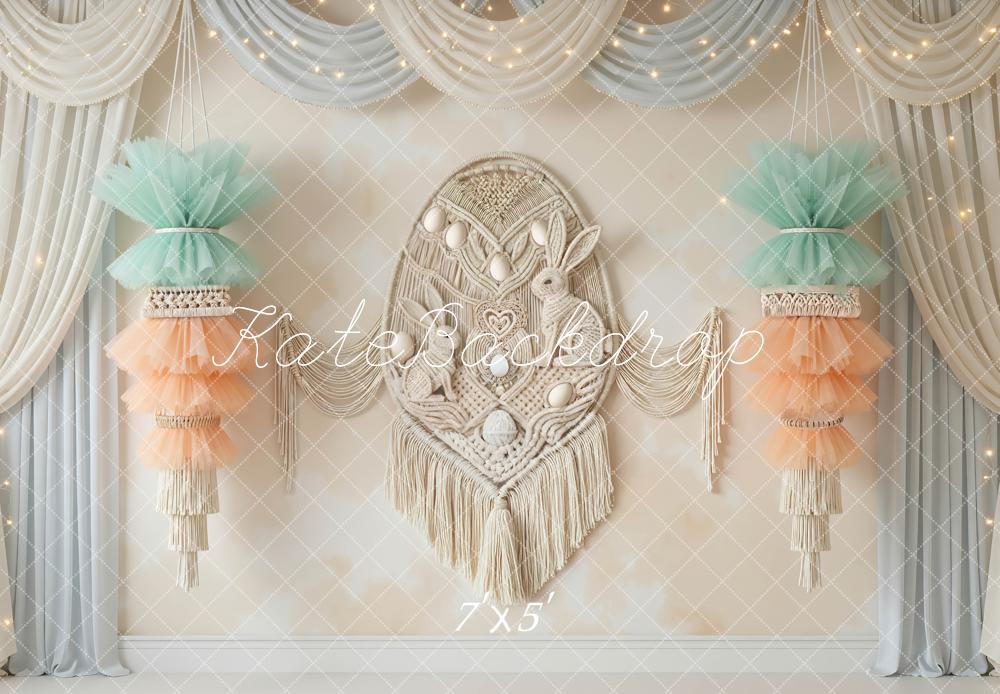Kate Easter Bunny Macrame Pastel Tulle Drapes Printed Backdrop Designed by Mini MakeBelieve