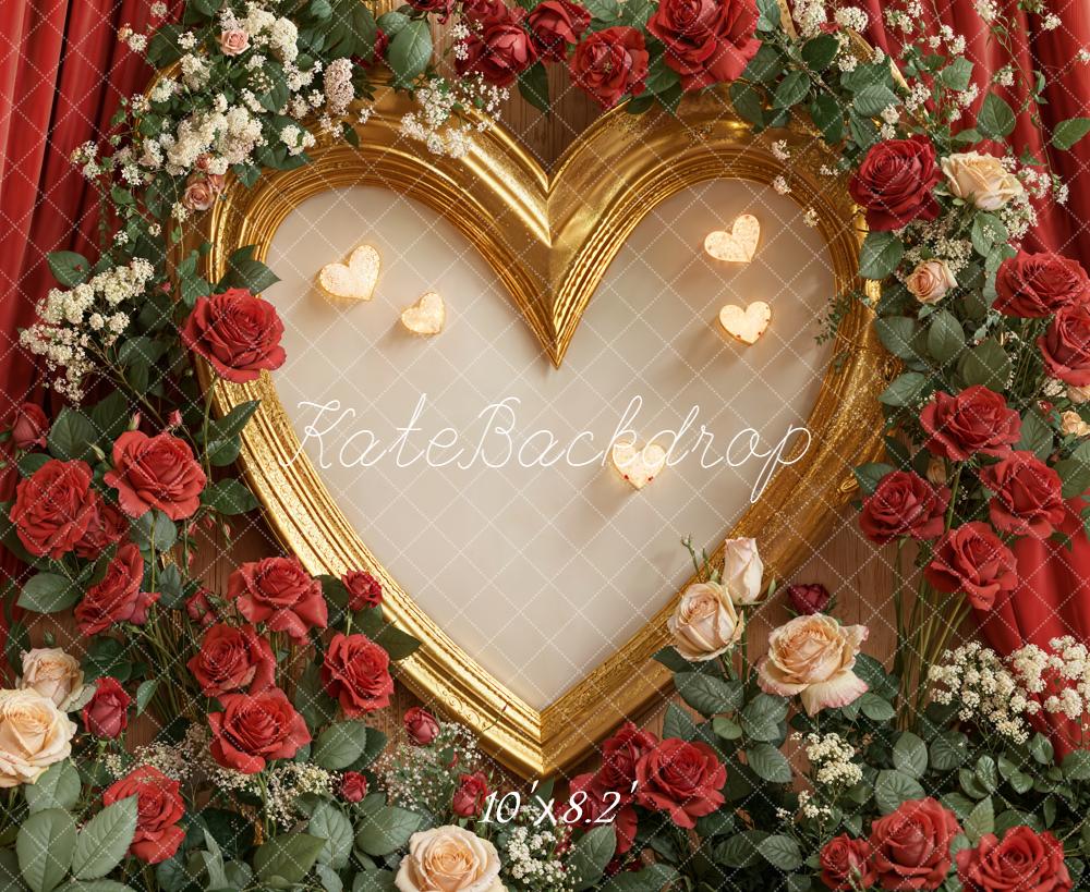Kate Valentine's Day Heart Frame Red Roses Gold Floral Backdrop Designed by Emetselch
