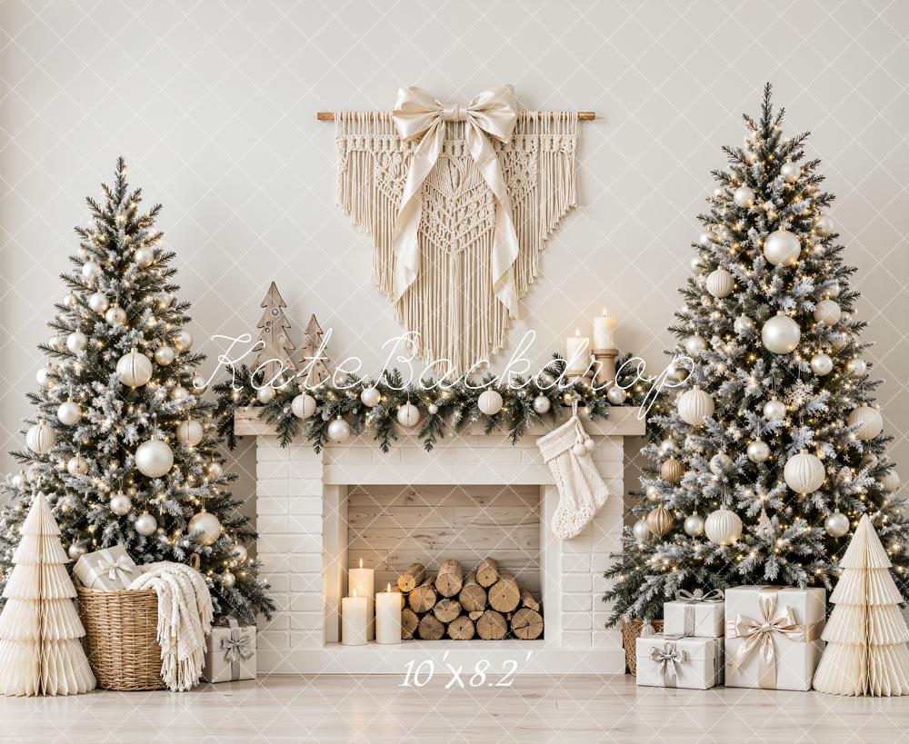 Kate Christmas Boho White Fireplace Trees Macrame Printed Backdrop Designed by Emetselch
