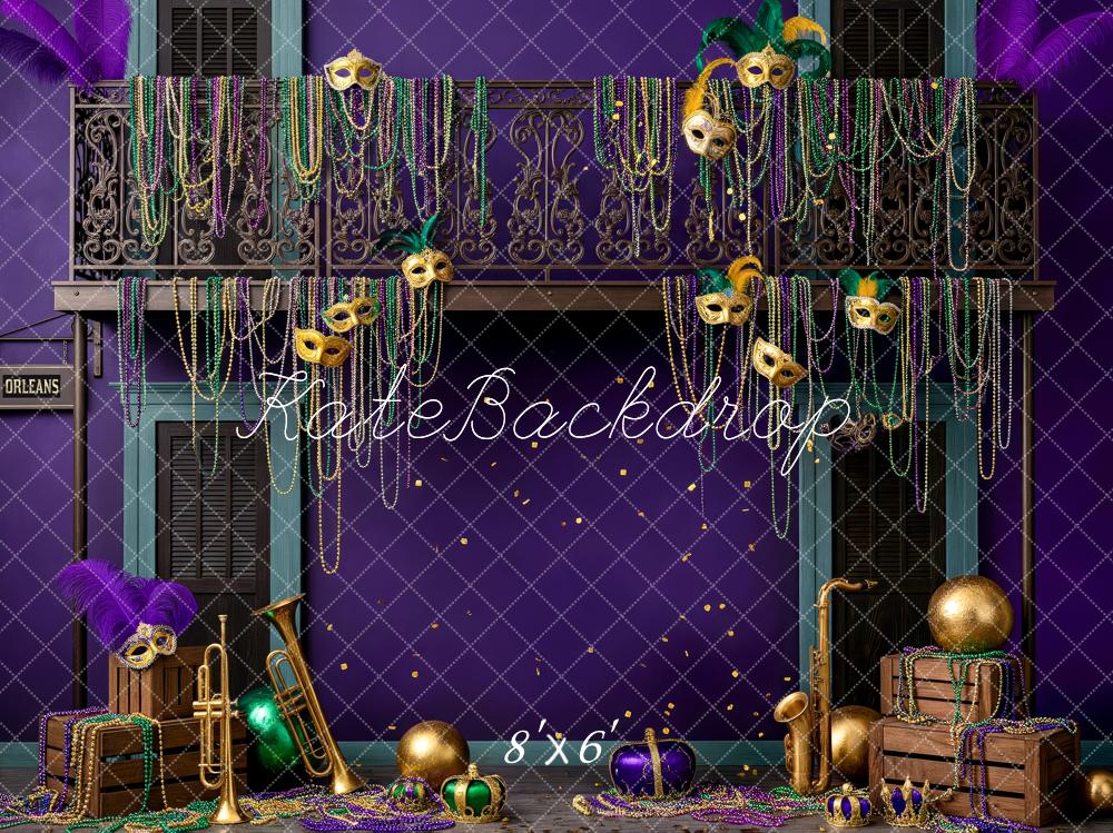 Kate Carnival Mardi Gras Balcony Beads Masks Instruments Purple Printed Backdrop Designed by Patty Roberts