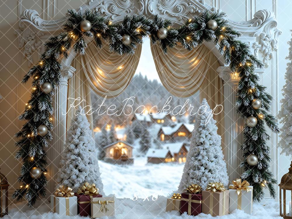 Kate Christmas Retro Arch Garland Snow Trees Winter Village Backdrop Designed by Mini MakeBelieve