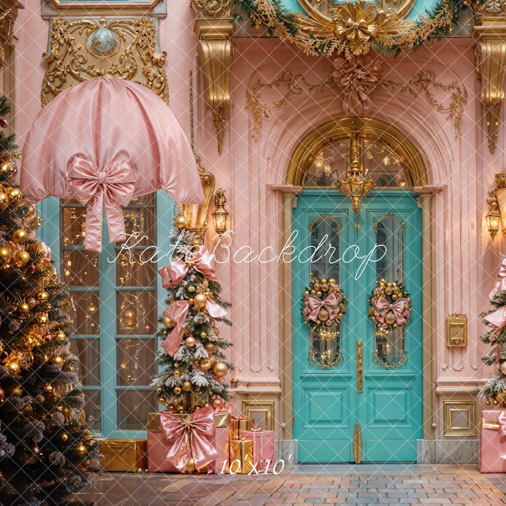 Kate Christmas Retro Arch Door Pink Bow Ornaments Backdrop Designed by Emetselch