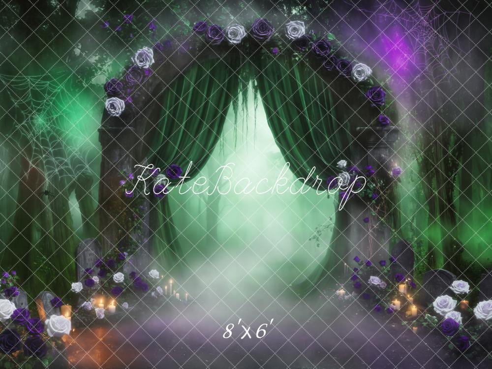 Kate Halloween Gothic Misty Forest Arch Green Curtains Spiderweb Backdrop Designed by Emetselch