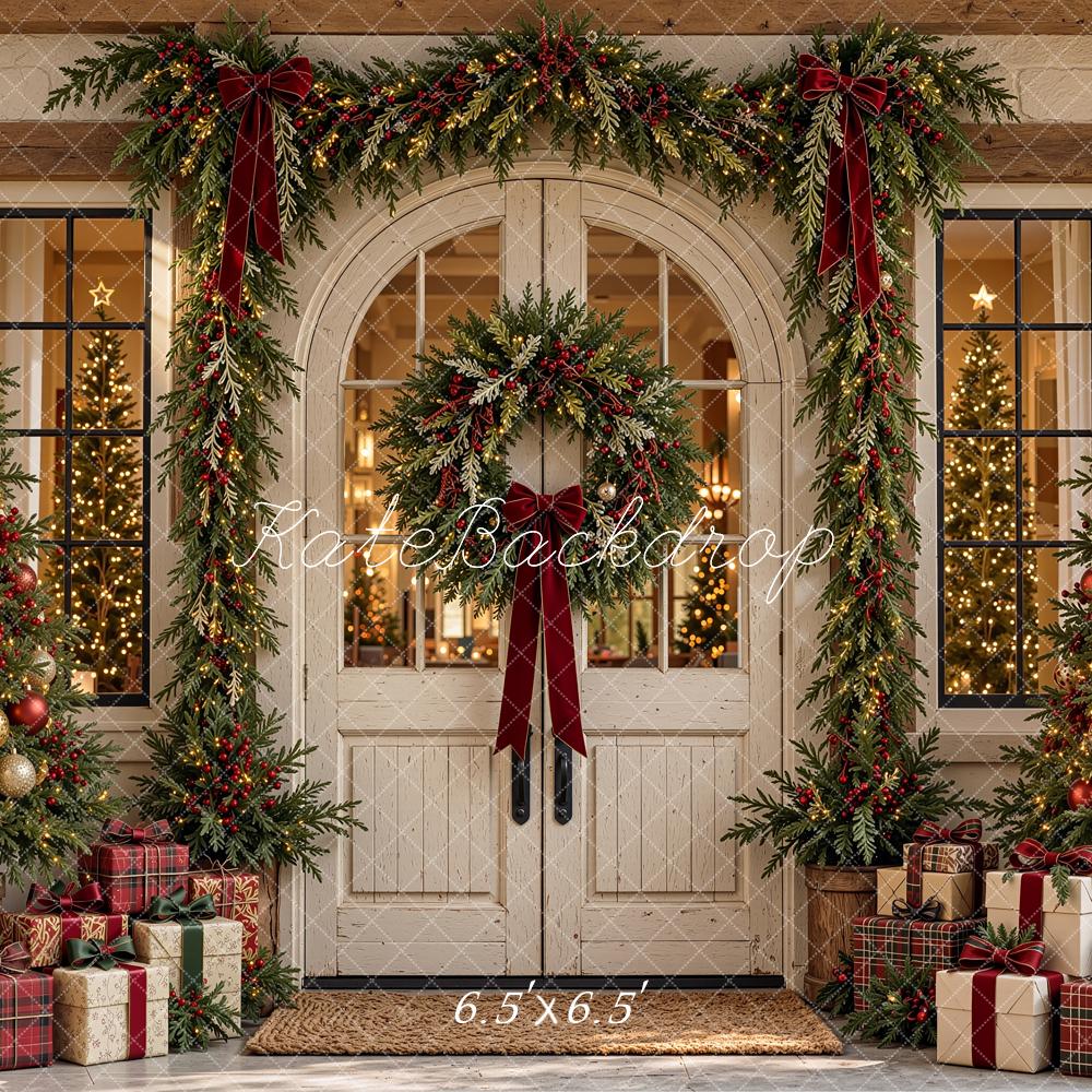 Kate Christmas White Front Door Garland Wreath Trees Printed Backdrop Designed by Shutter Swan Studios