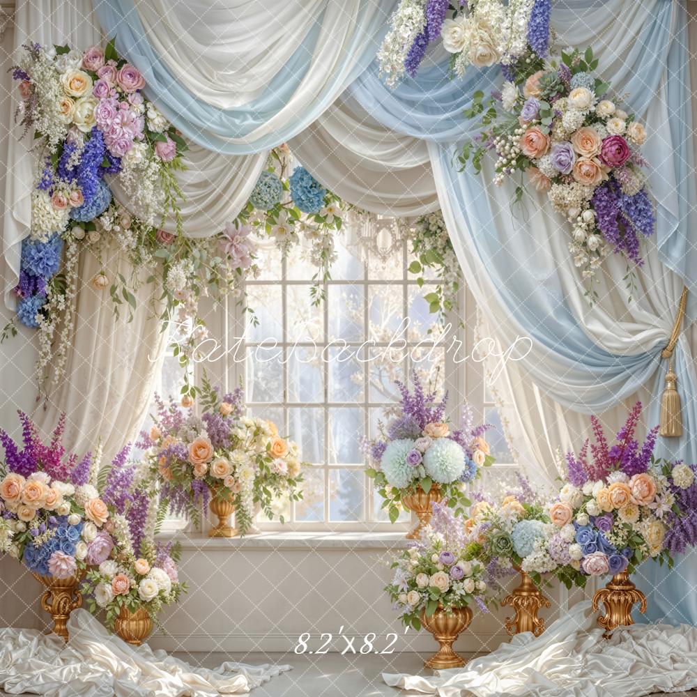 Kate Summer Flower Arch Blue Drapes Window Columns Printed Backdrop Designed by Emetselch