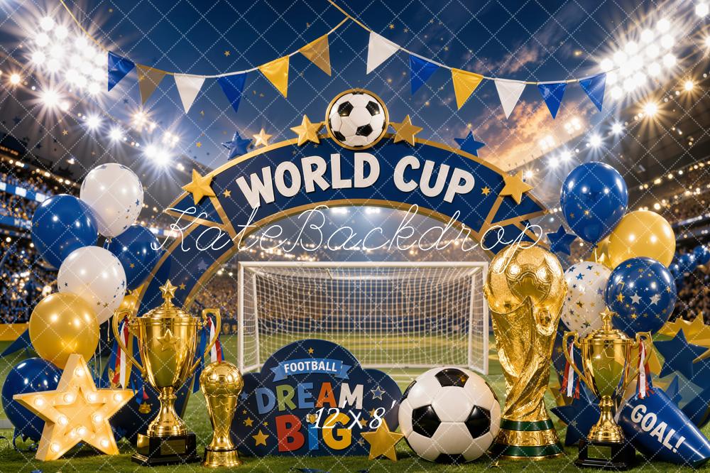 Kate Soccer World Cup Trophy Gold Balloons Stadium Printed Backdrop Designed by Chain Photography