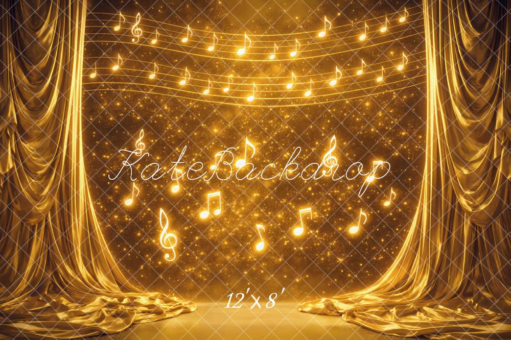 Kate Stage Golden Musical Notes Sparkle Curtain Printed Backdrop Designed by Mini MakeBelieve