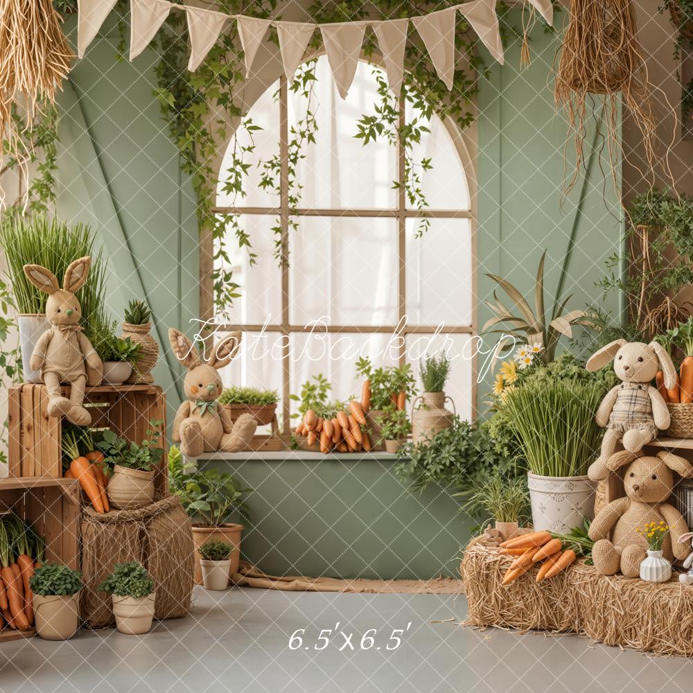 Kate Easter Bunny Carrots Green Window Hay Printed Backdrop Designed by Emetselch