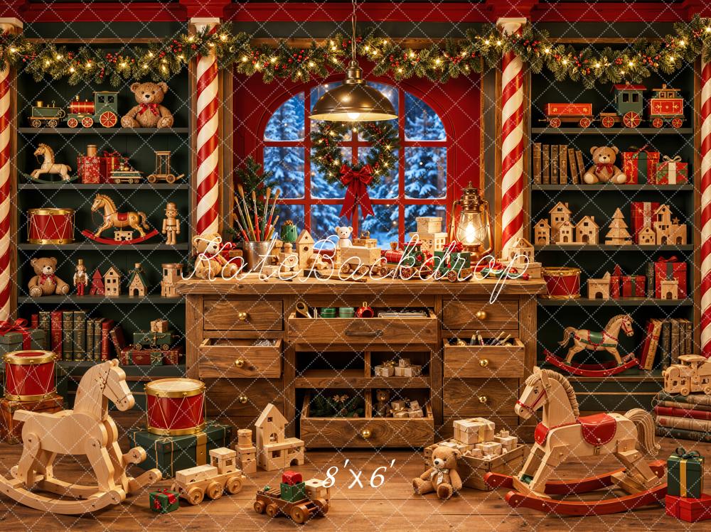 Kate Christmas Toys Room Wooden Rocking Horse Teddy Bear Printed Backdrop Designed by Emetselch