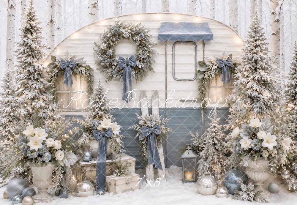 Kate Christmas Snowy Blue Camper Bow Wreaths Printed Backdrop Designed by Ashley Paul
