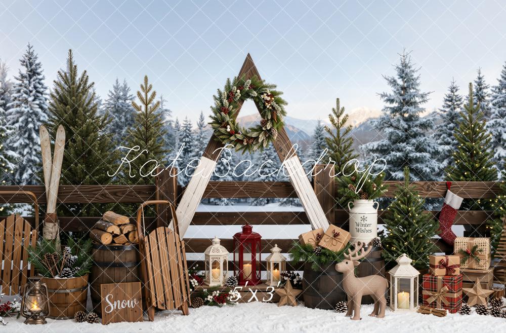 Kate Christmas Winter Outside Skis Sleds Wreath Snow Printed Backdrop Designed by Emetselch