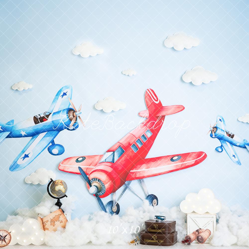 Kate Cake Smash Airplane Clouds Globe Suitcase Map Backdrop Designed by Megan Leigh Photography