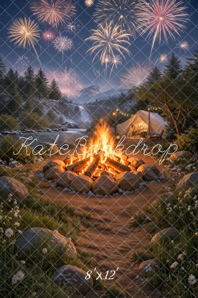 Kate Winter Fireworks Campfire Tent Mountain Camping Printed Backdrop Designed by Emetselch