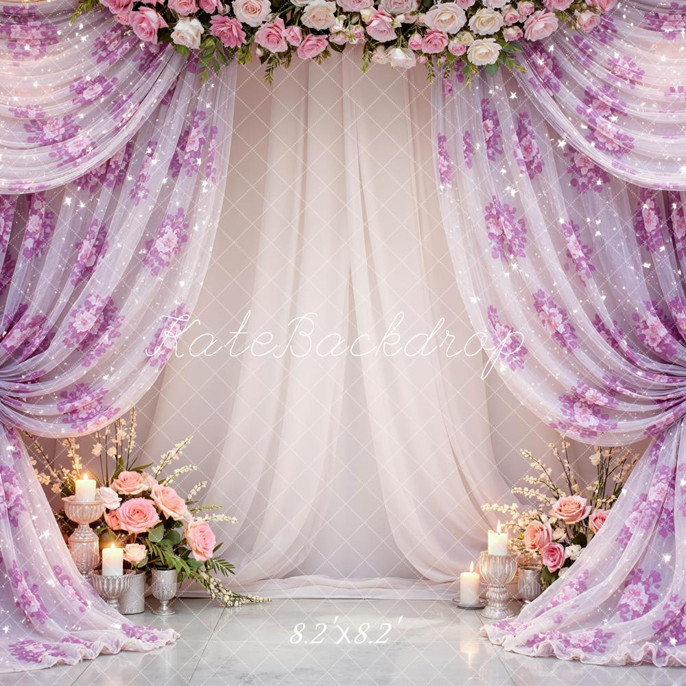 Kate Mother's Day Pink Floral Drapes Flower Arch Candles Printed Backdrop Designed by Mini MakeBelieve