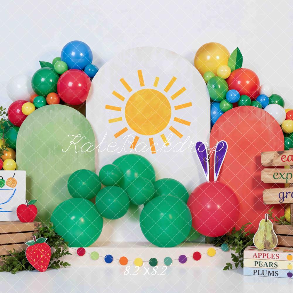TEST Kate Cake Smash Colorful Catepillar Balloon Sun Fruit Crates Printed Backdrop Printed Backdrop Designed by Mini MakeBelieve