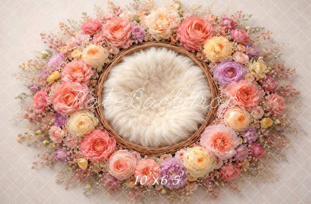 Kate Newborn Pastel Flower Arch Wicker Nest Printed Backdrop Designed by Vertigo Productions