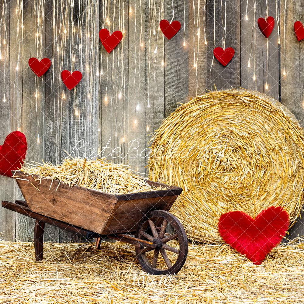 Kate Valentine's Day Hay Bale Wheelbarrow Hearts Printed Backdrop Designed by Fantasyphotoart