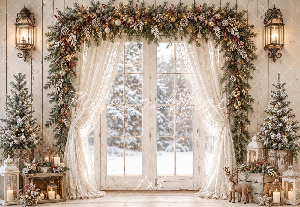 Kate Christmas Winter Window Garland Arch White Curtains Printed Backdrop Designed by Emetselch