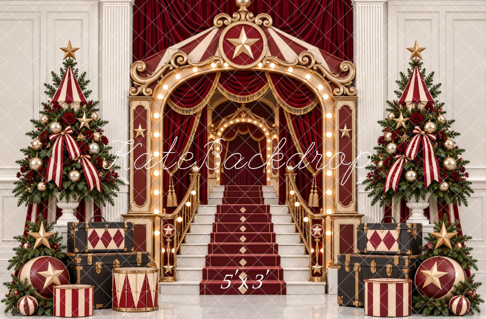 Kate Christmas Circus Staircase Theatrical Entrance Christmas Trees Printed Backdrop Designed by Emetselch