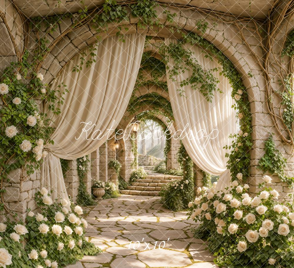 Kate Spring Stone Archway White Roses Cascading Stairs Printed Backdrop Designed by Emetselch