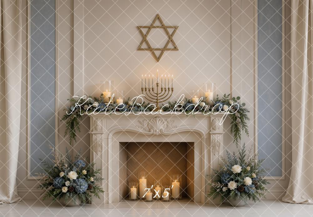 Kate Hanukkah Menorah Star of David Fireplace Floral Printed Backdrop Designed by Ashley Ward